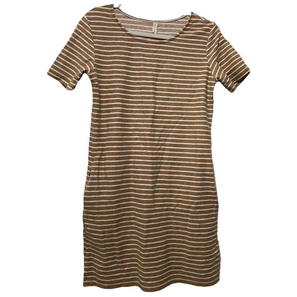 Wishlist T-shirt Dress Size Medium Brown White Stripes Pockets Midi Slits